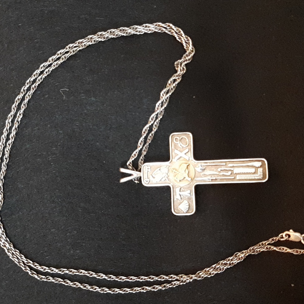 Vintage Gorham sterling silver TACU CHI cross on chain.